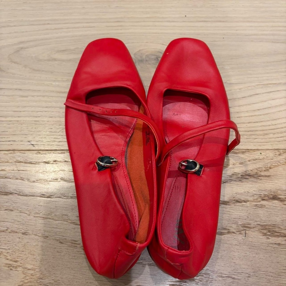 Zara Red Leather Mary Jane Flats with Buckle Strap